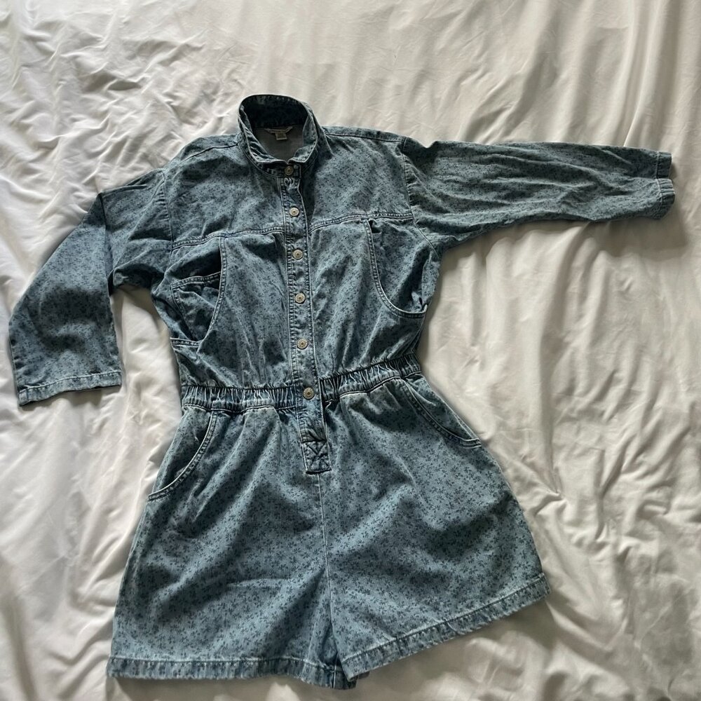 American Eagle Romper Long Sleeve Button Front Denim Blue Womens Medium Tall